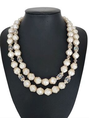 Vintage Japan Signed Cream Faux Pearl Double Strand Necklace Rhinestone Spacers